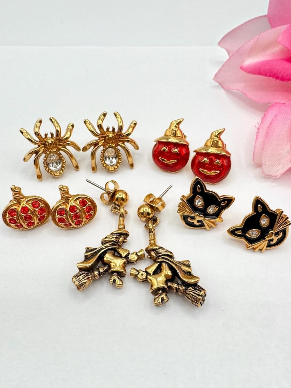 Vintage Avon Halloween Earring Lot Black Cat Spider Witch Jack O Lantern Pumpkin